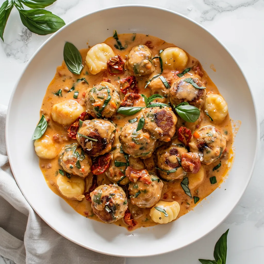 slow cooker tuscan chicken meatballs with gnocchi